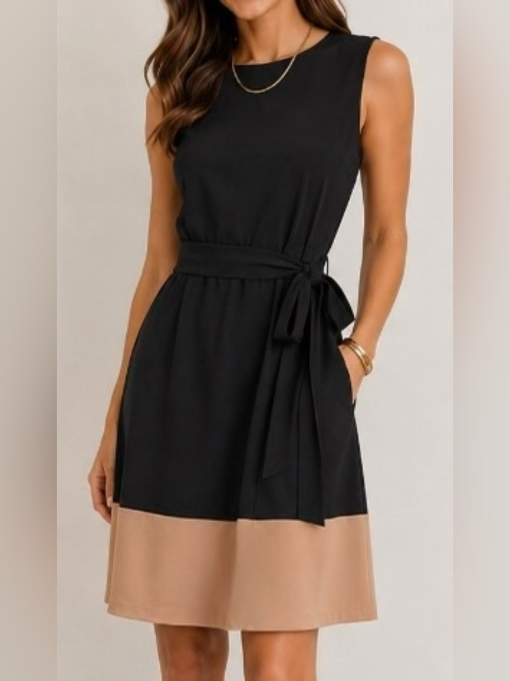 ANN TAYLOR Black and Tan Color Block Belted A-Line Tank Dress Size 2P